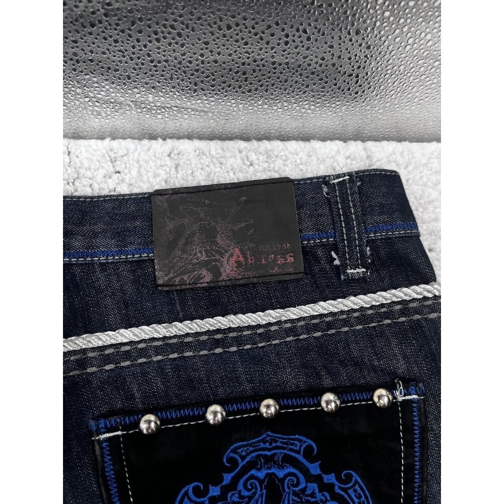 Men's Ak:Cess Akcess Dark Wash Baggy Y2K Embellished Denim Jeans Size 36x32 - Picture 16 of 16